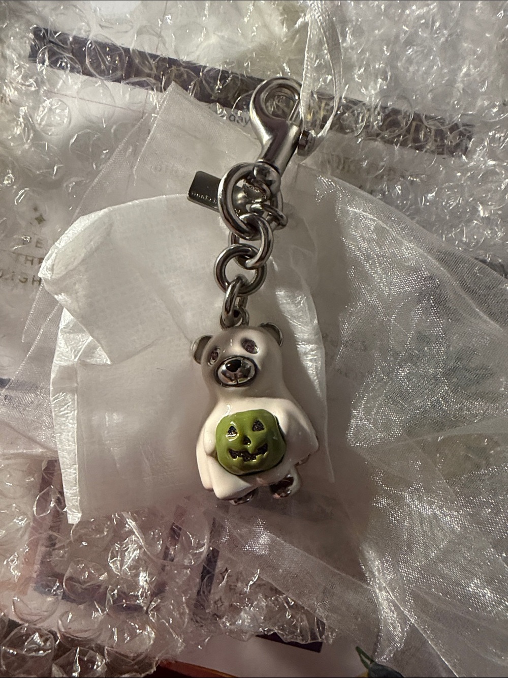 Coach White Bear Charm with Green Jack-O'-Lantern